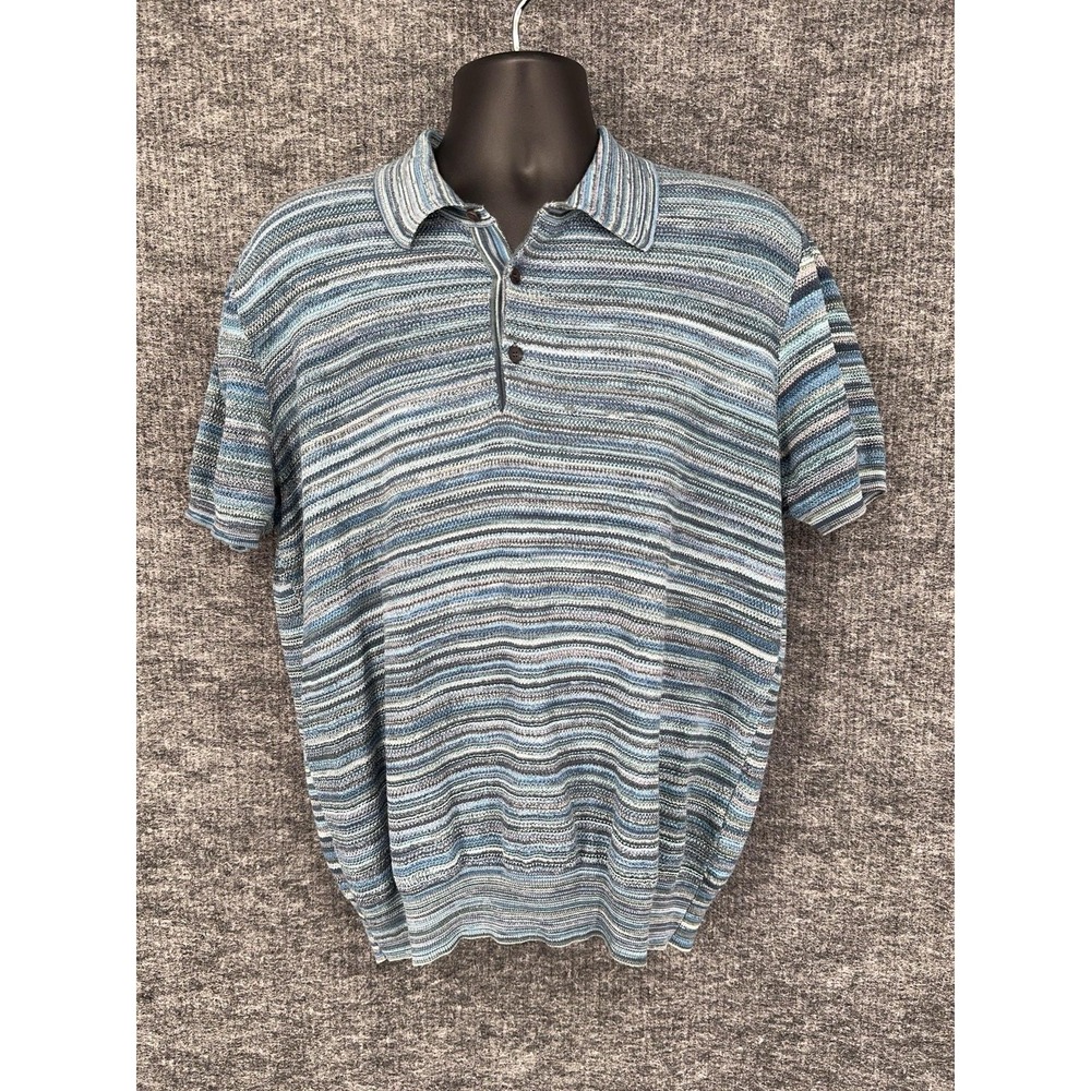 Etro Polo Shirt Mens L Blue Striped 100% Cotton Knit Made In Italy Short Sleeve